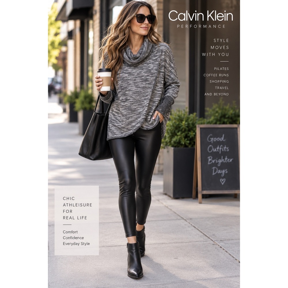 Calvin Klein Performance L Cowl Neck Marled Sweater Black White Athleisure